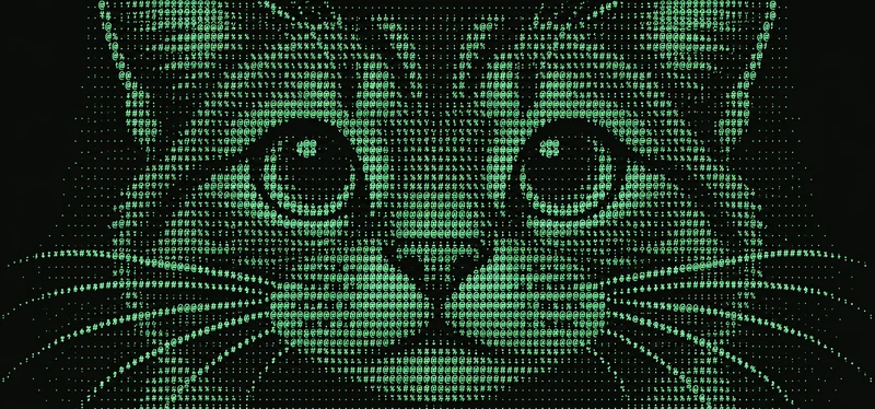 Potret kucing yang dilukis semula dengan aksara ASCII.
