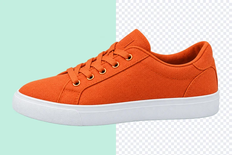 An orange shoe with its mint background removed.