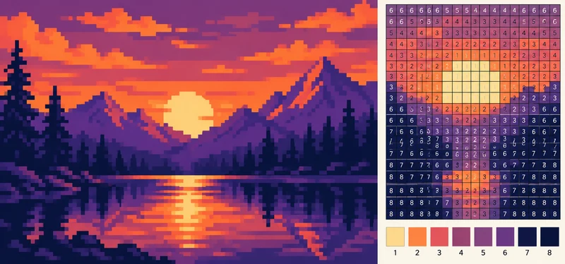 Ein Pixel-Sonnenuntergang mit nummerierter Bastelvorlage und Farbpalette.